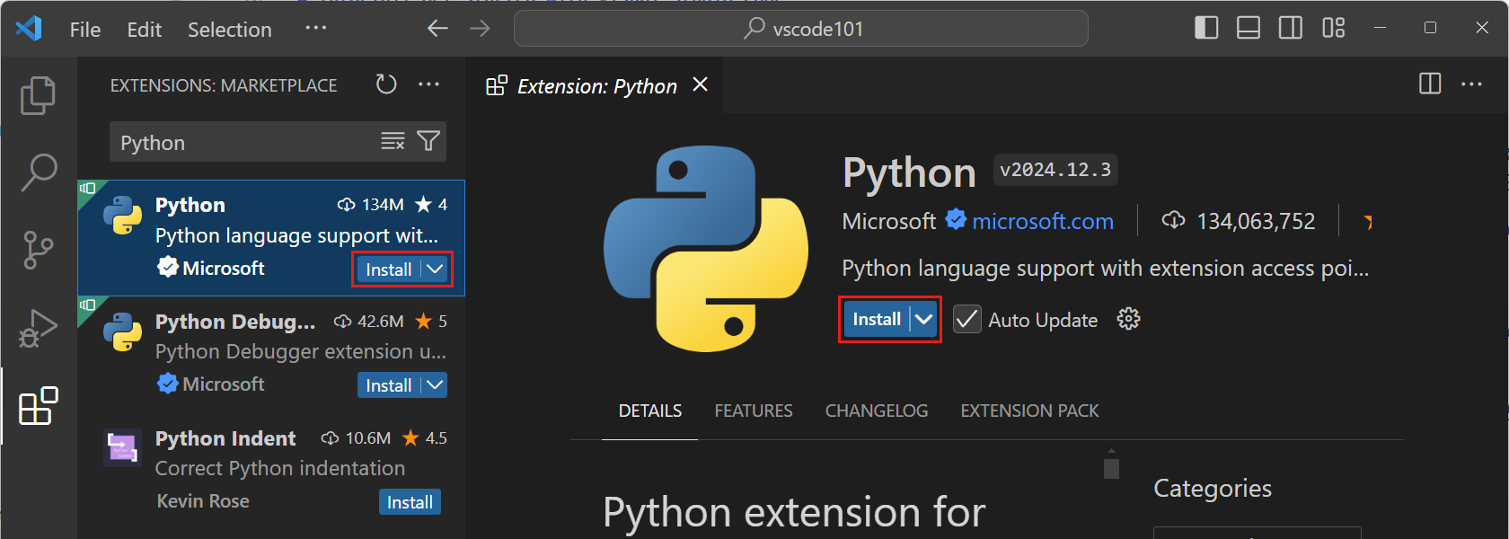 Screenshot that shows the Extensions view with a search for Python extensions.