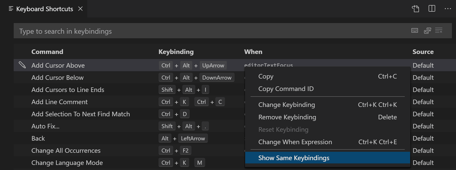 Visual Studio Code Key Bindings