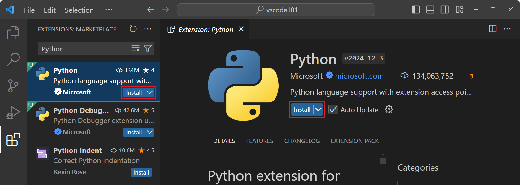 Screenshot of the Extensions view with the search bar and a list of extensions.