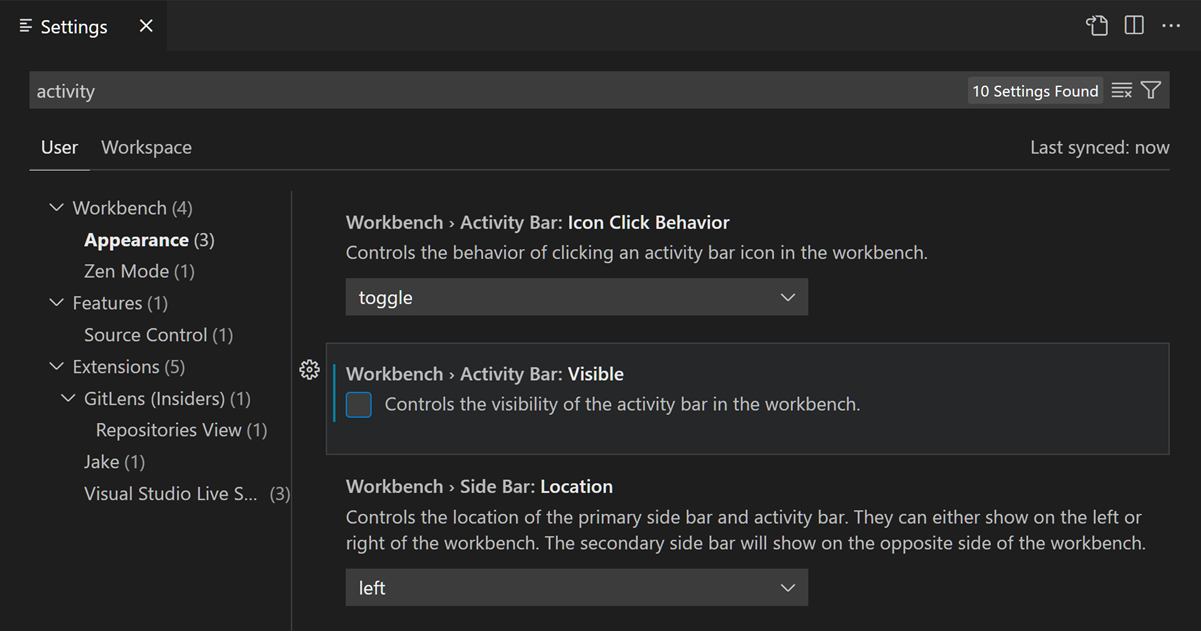Activity Bar: Visible unchecked and Activity Bar is hidden