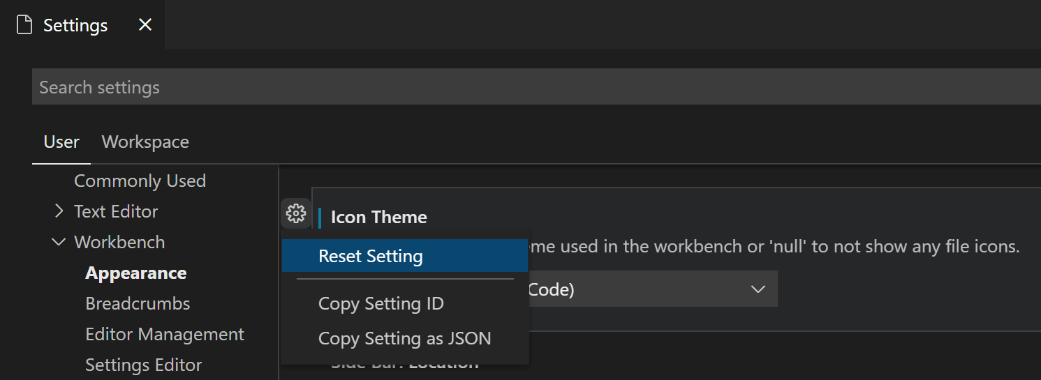 Settings edit gear context menu