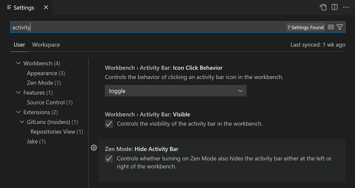 Settings editor with 'activity' in the Search bar with at least five settings