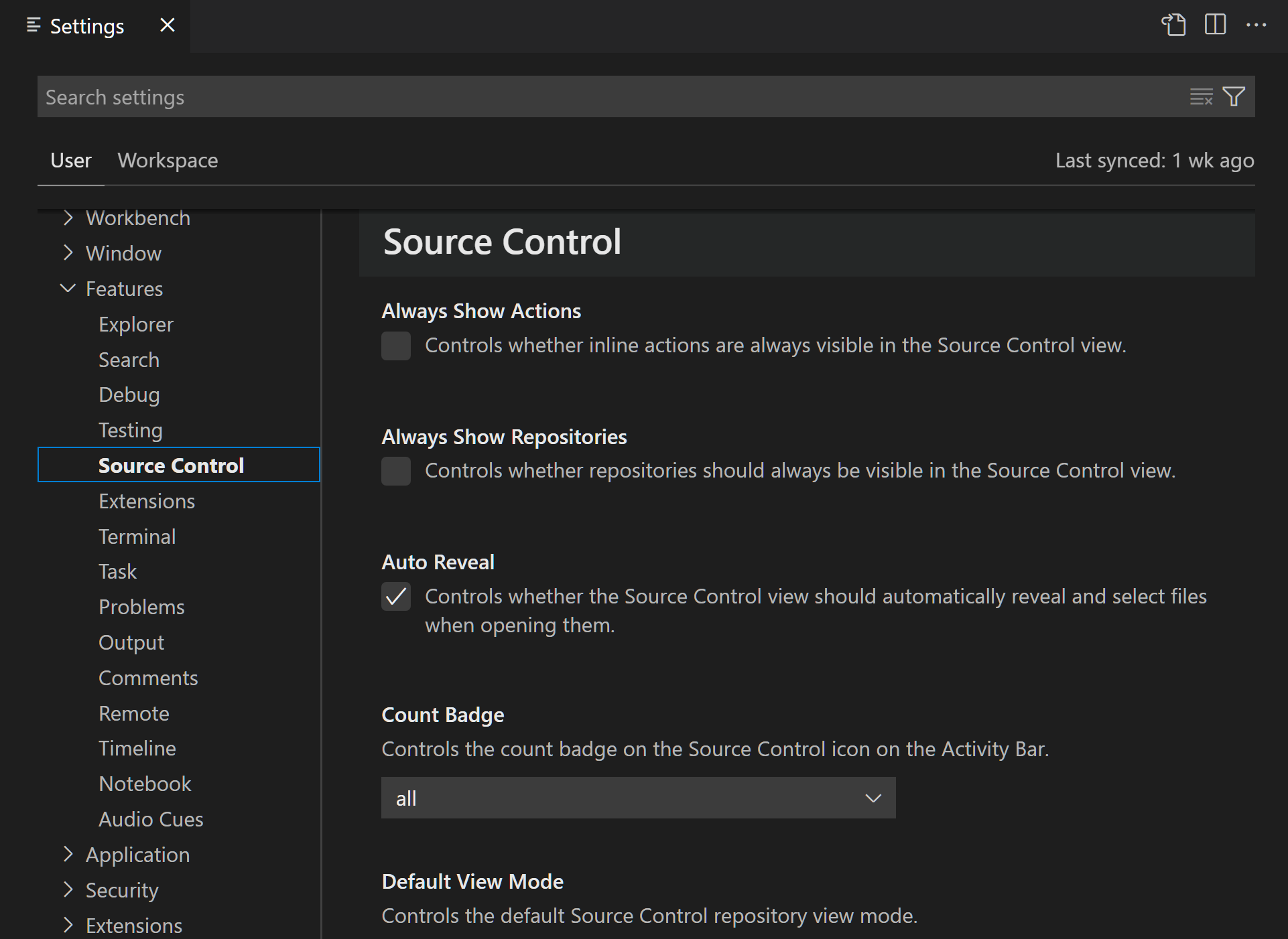 Settings editor with the SCM section of the table of contents selected