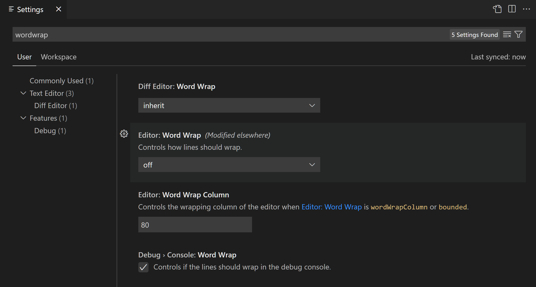 Filtering settings by searching in the Settings editor