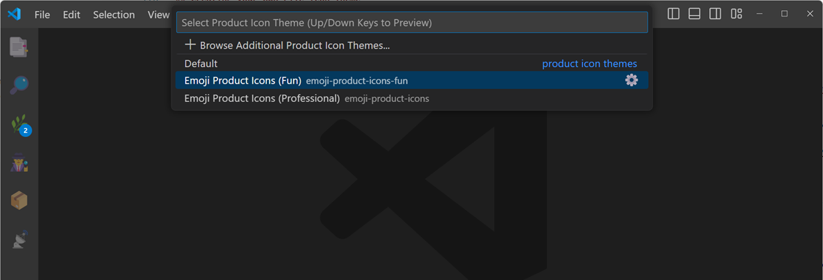 Screenshot of the Product Icon Theme dropdown, and how the Activity Bar icons are changed.