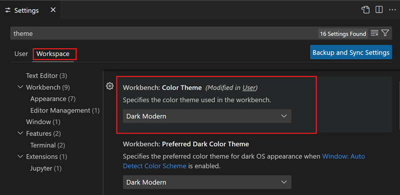 Screenshot of Settings editor to set a workspace-specific Color Theme.