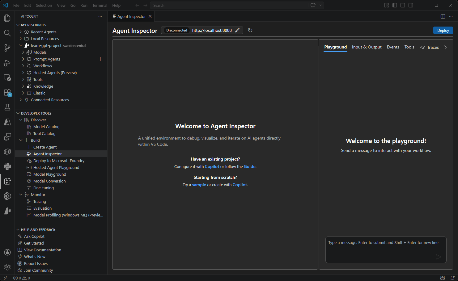 Screenshot showing the Agent Inspector quick start