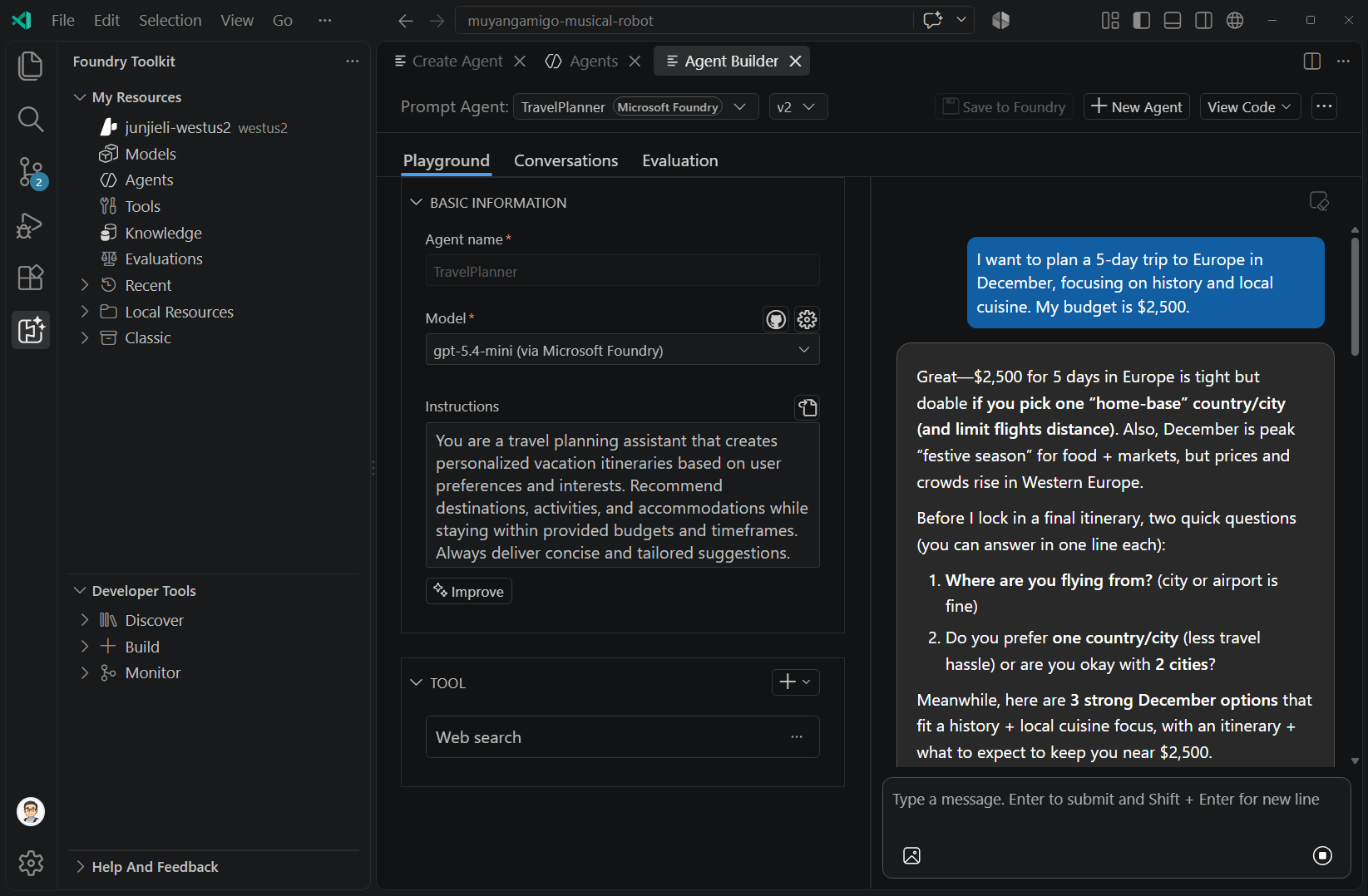 Screenshot showing Agent Builder with a saved Foundry prompt agent, version selector, model, instructions, web search tool, and a playground conversation.