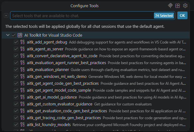 Screenshot showing the Chat view in Visual Studio Code with Agent mode selected. The Tools button is highlighted, displaying a list of available tools including Agent Code Gen, AI Model Guide, Evaluation Code Gen, and Tracing Code Gen.