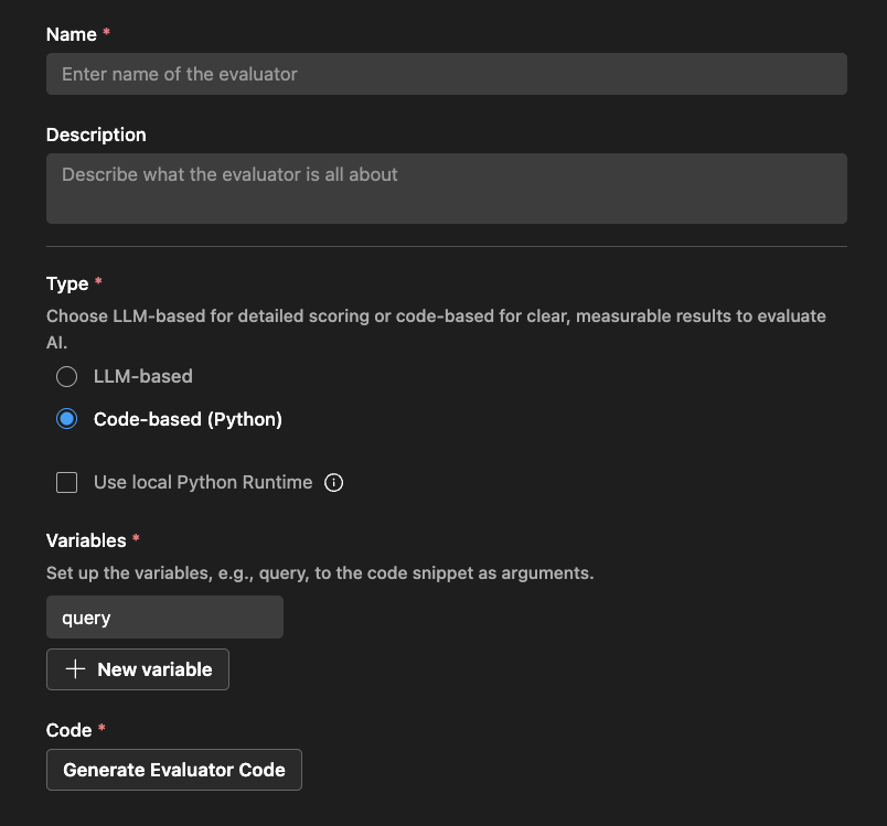 Screenshot showing the Evaluators tab in AI Toolkit with options for creating code-based evaluators.