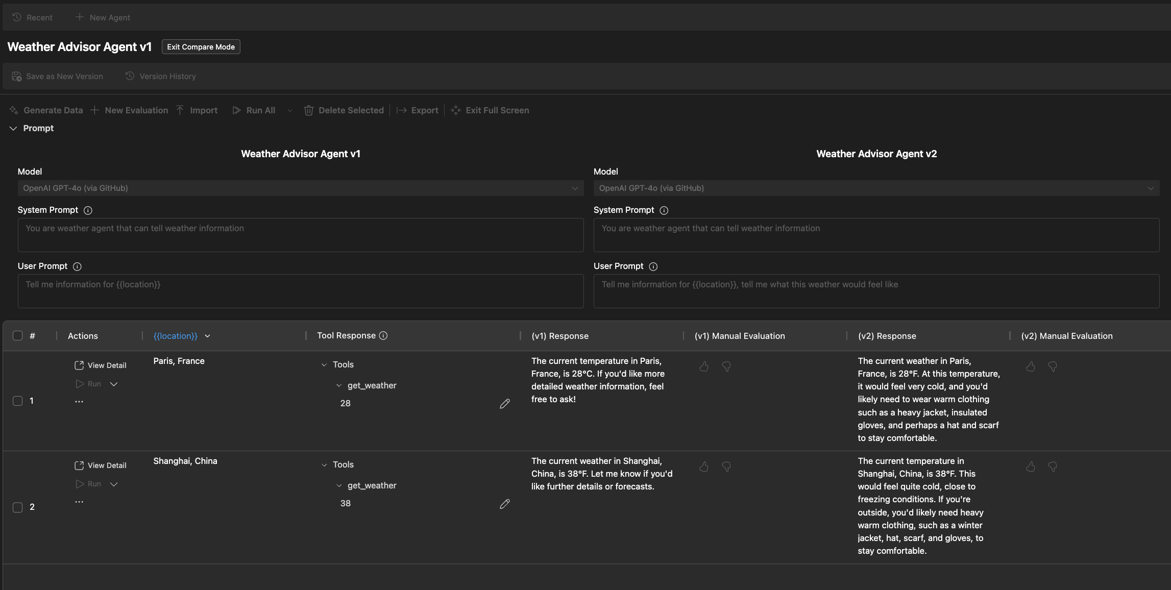 Screenshot showing the Evaluation tab in Agent Builder with the interface for comparing evaluation results between different versions.