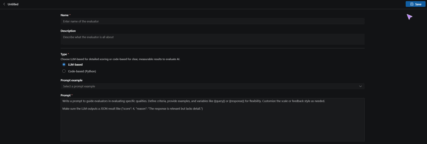 Screenshot showing the custom evaluator form with Name, Description, LLM-based and Code-based (Python) choices, and prompt configuration.