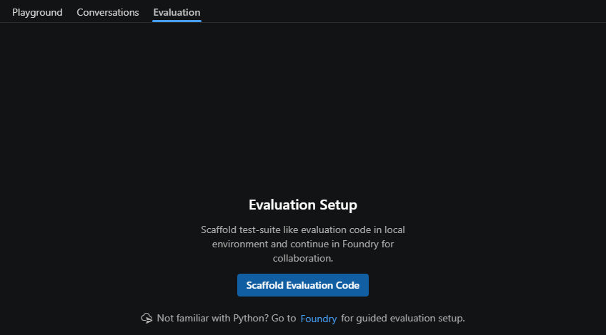 Screenshot showing a Foundry prompt agent's Evaluation tab with Scaffold Evaluation Code and a Foundry evaluation guidance link.