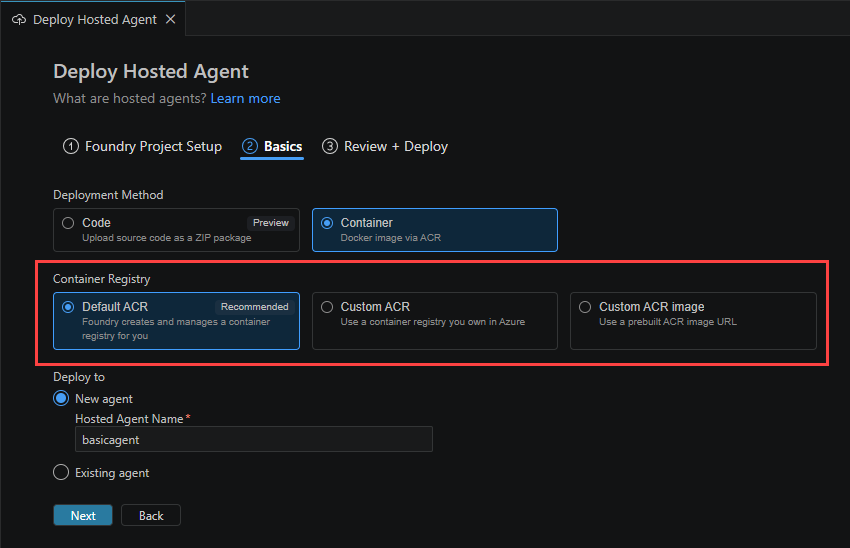 Screenshot showing options for deploying via a container.
