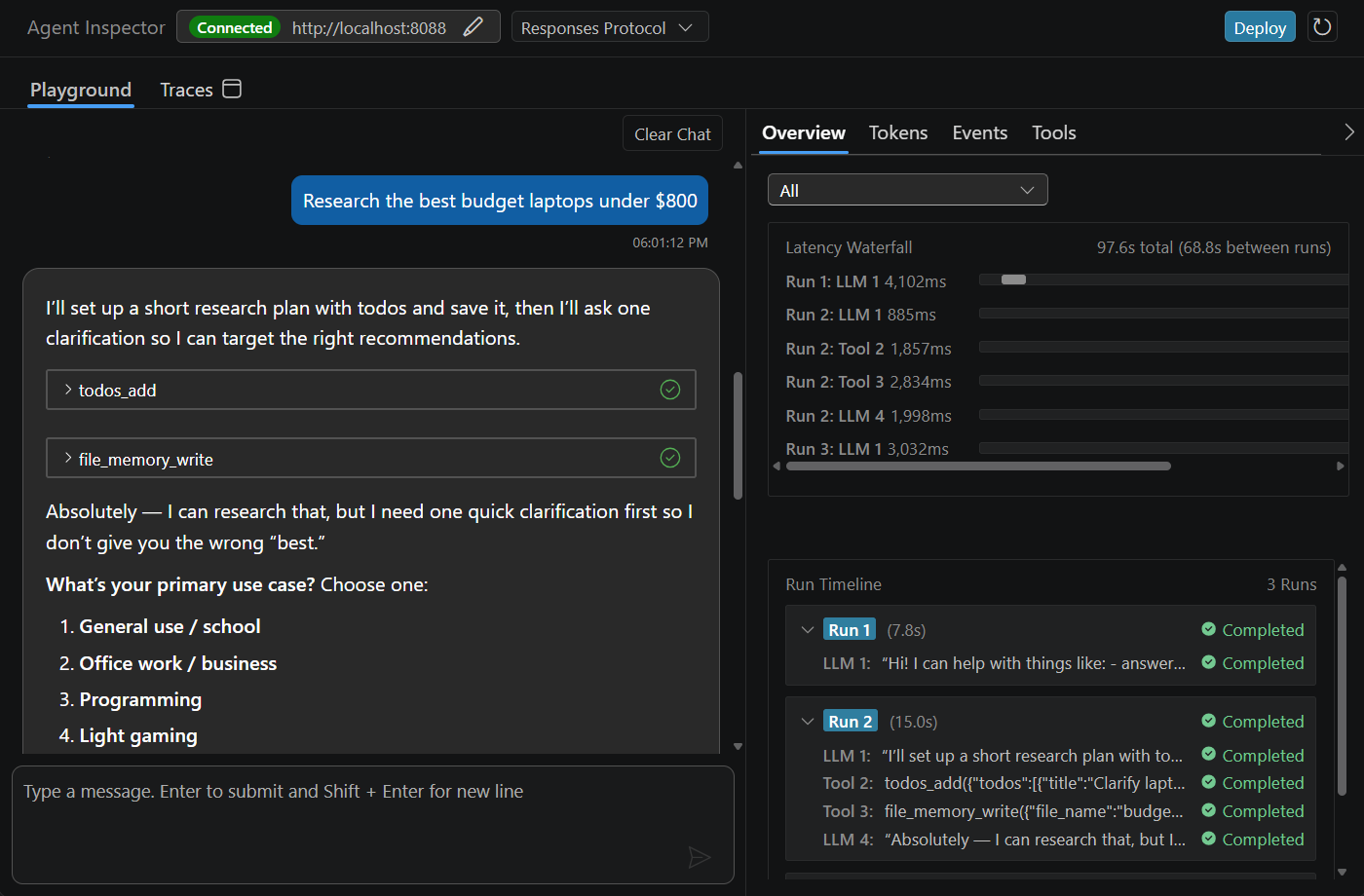 Screenshot showing Agent Inspector connected to a local Responses agent, with tool calls, a latency waterfall, and a run timeline.