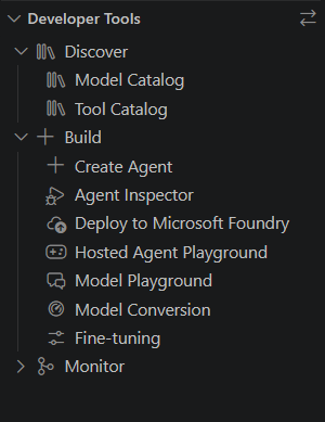 Screenshot showing Hosted Agent Playground under Build in the Foundry Toolkit Developer Tools sidebar.