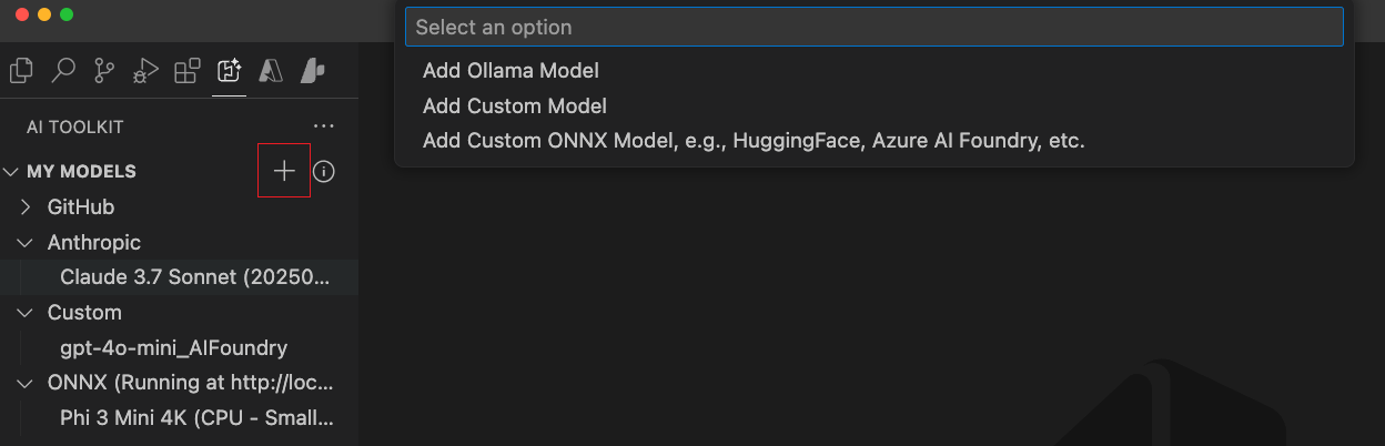AI Toolkit interface showing the Model Catalog toolbar with the + Add model button highlighted, indicating where users can click to add a new custom model.
