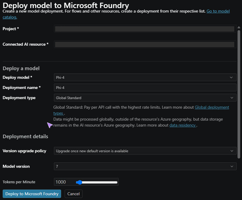 Screenshot showing the custom Foundry model deployment form with read-only project and resource fields, model settings, and quota before submission. Project and resource names are redacted.