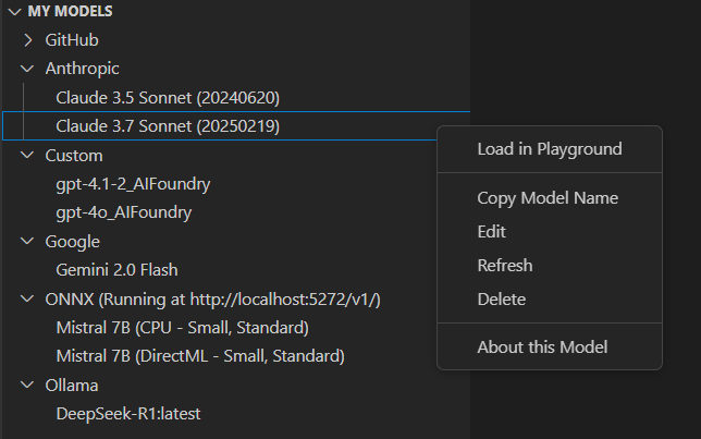 AI Toolkit interface showing a model card with options Try in Playground, Download, and Load in Playground.
