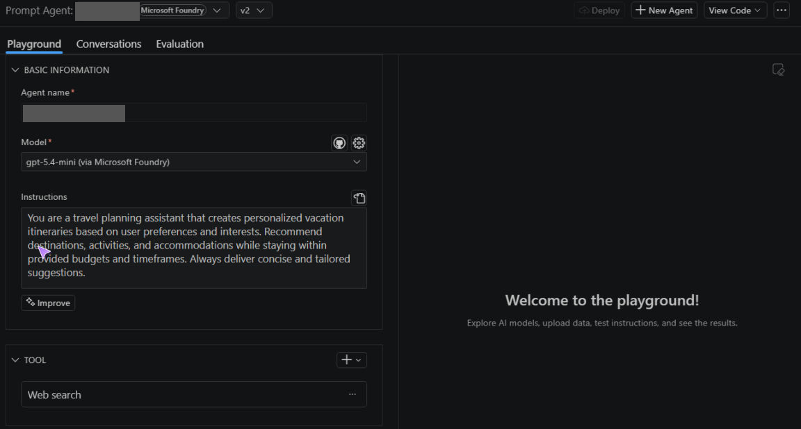 Screenshot showing a Foundry prompt agent in Agent Builder with instructions, the Improve action, and the Deploy control, with agent identifiers redacted.