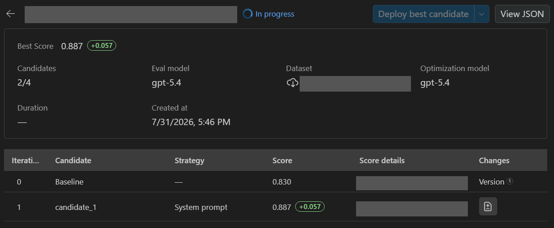 Screenshot showing an in-progress hosted-agent optimization with baseline and candidate scores, a best-score summary, and the deployment action disabled.