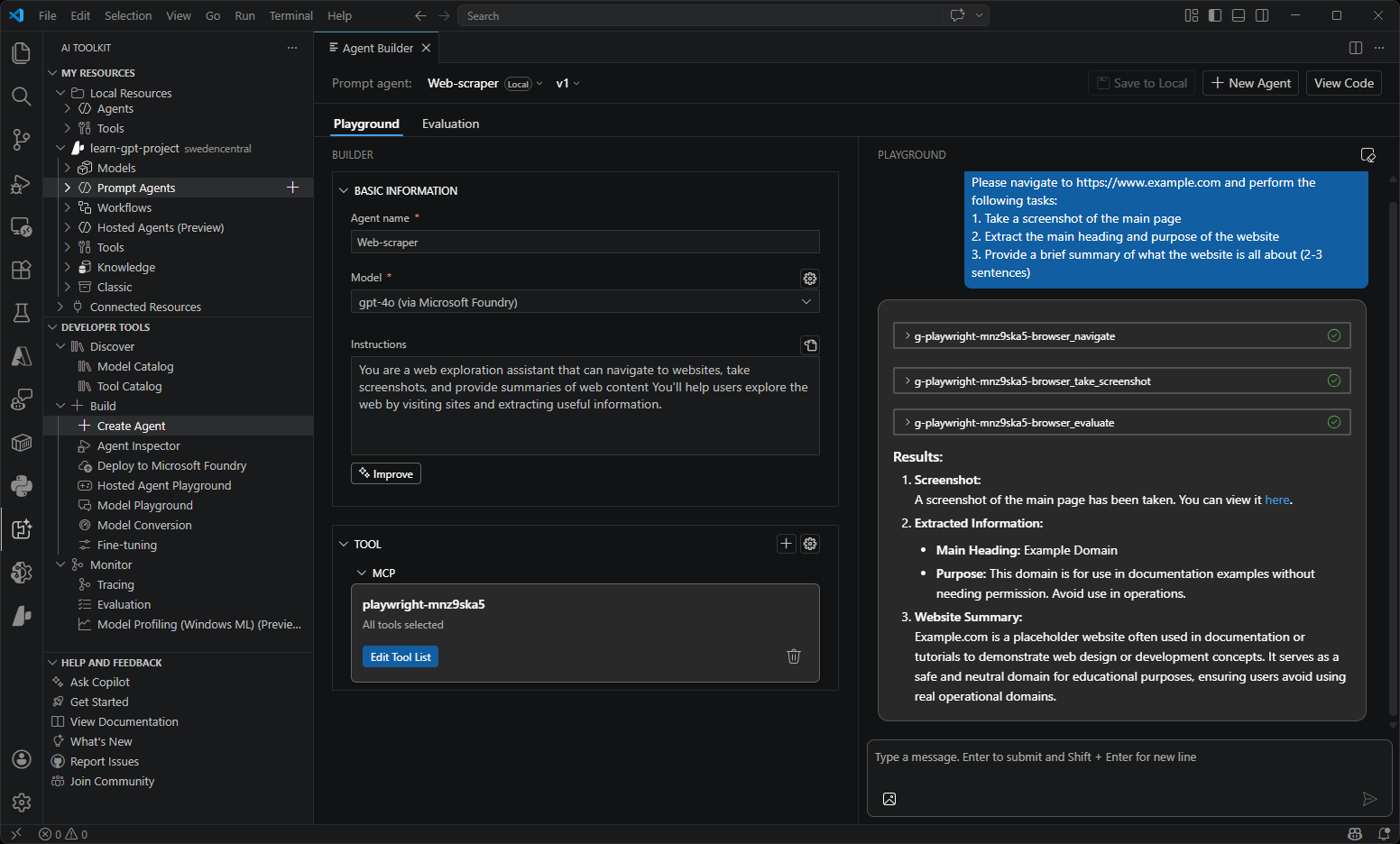 Screenshot showing the Agent Builder interface for creating and managing AI agents