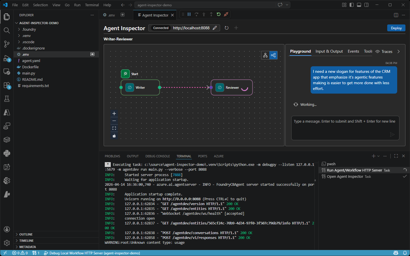 Screenshot showing the Agent Inspector interface for debugging and visualizing AI agents
