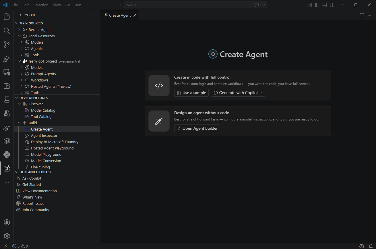 Screenshot showing the Create Agents interface with various starting points for creating a new agent