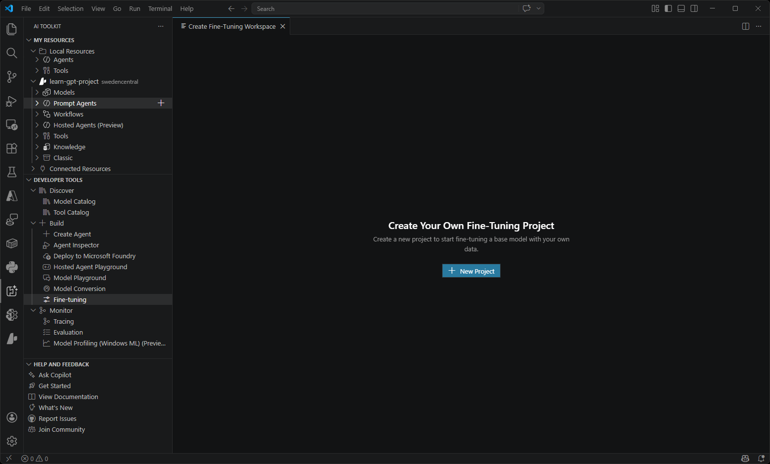 Screenshot showing the Fine-tuning interface with model adaptation and training controls