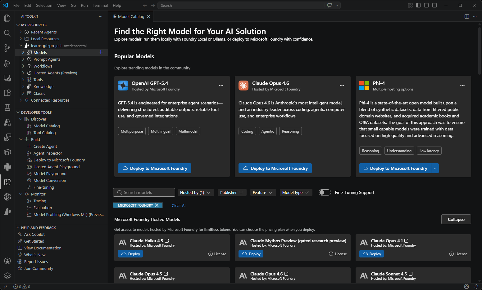 Screenshot showing the Foundry Toolkit Model Catalog interface with various AI model options