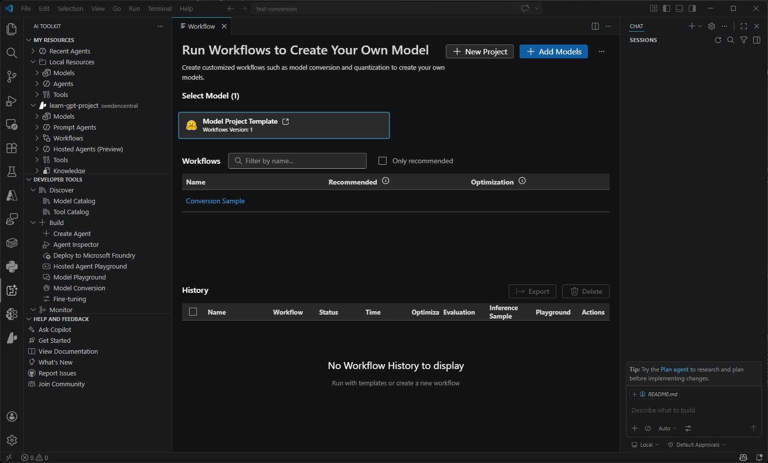 Screenshot showing the Model Conversion interface with tools for optimizing and transforming AI models