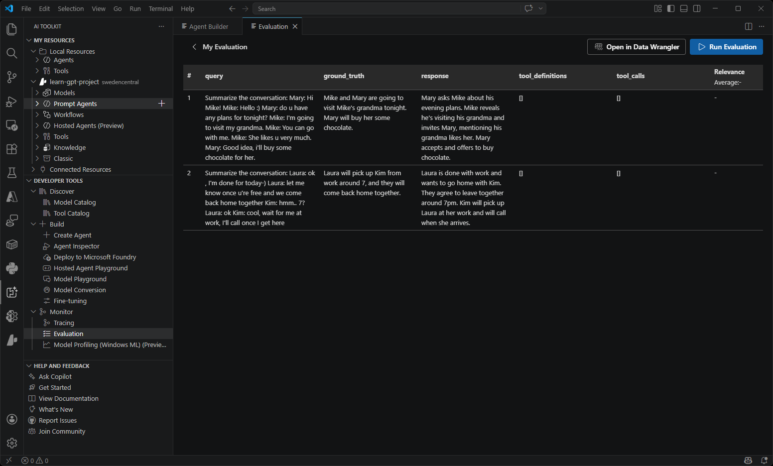 Screenshot showing the Model Evaluation interface with metrics and performance analysis tools