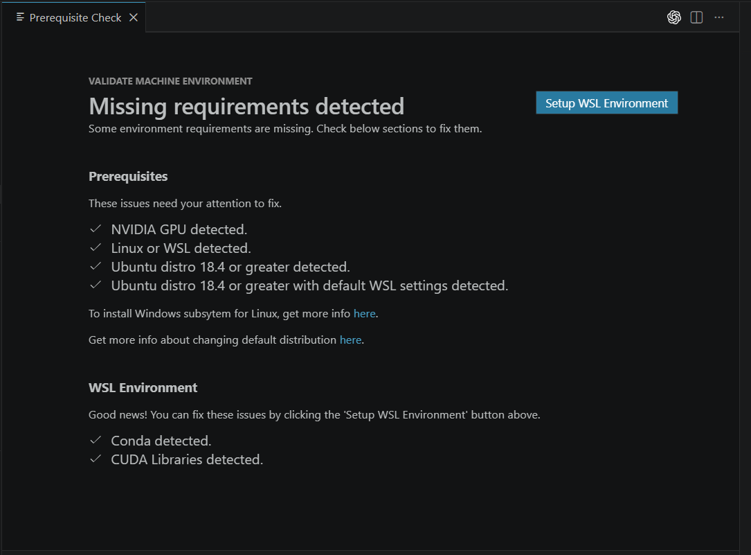 Screenshot showing the Foundry Toolkit Validate environment prerequisites status report"