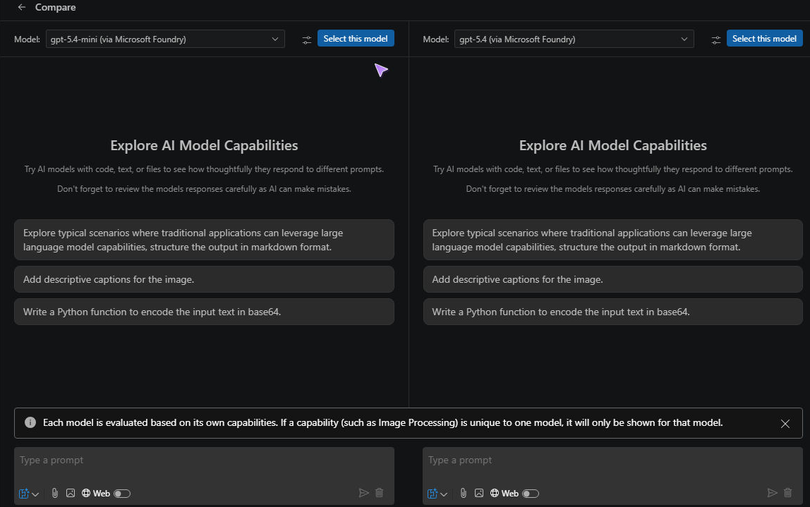 Screenshot showing the Playground comparison setup for two Foundry models, with separate model selectors and prompt inputs before any requests are sent.