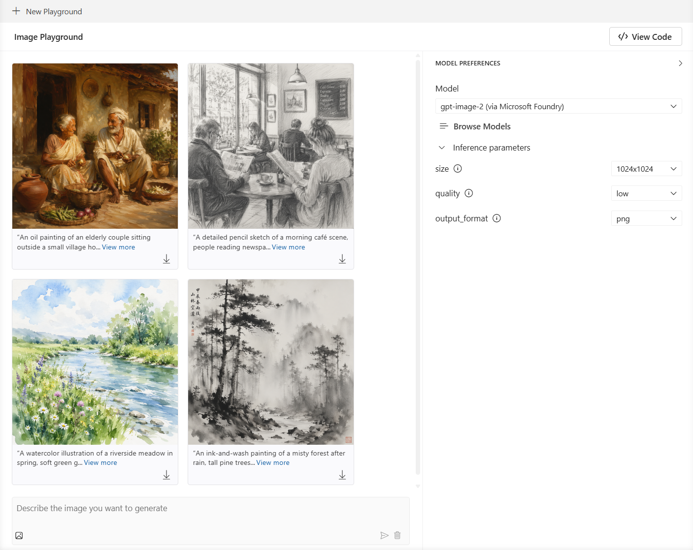 Screenshot showing Image Playground with generated image cards, prompt details, download controls, and model-specific generation parameters.