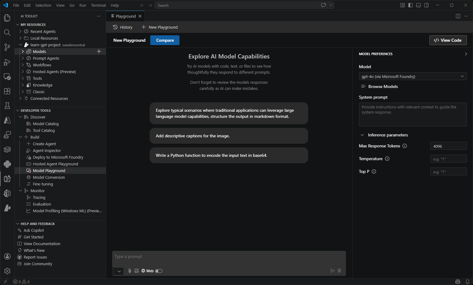 Foundry Toolkit playground interface showing a chat interaction with a generative AI model.