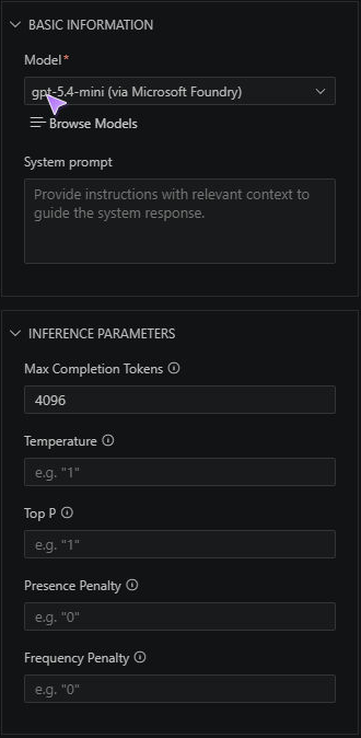 Screenshot showing Basic information and Inference parameters for a connected model in the Foundry Toolkit playground.