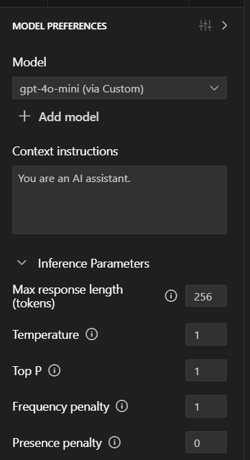 Select a model and configure context instructions in the playground.