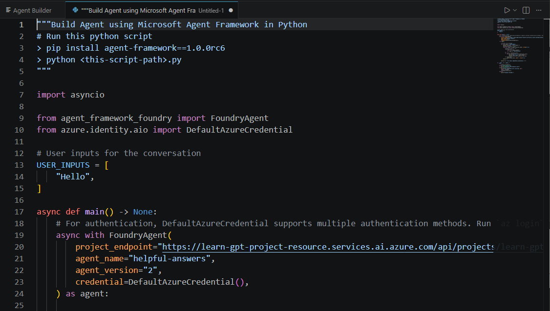 Screenshot of a single Python code file to call Prompt Agent