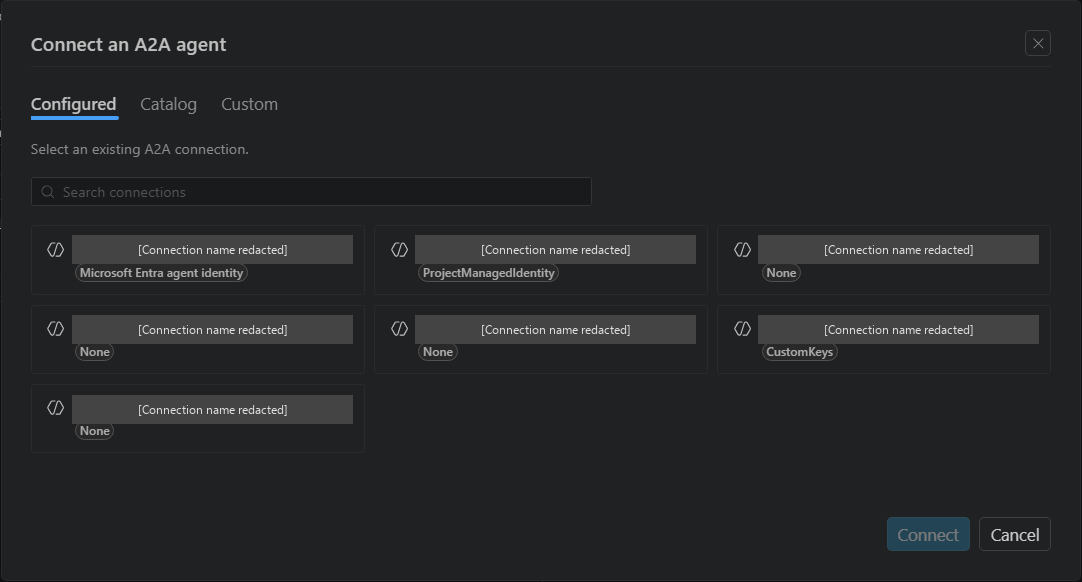 Screenshot showing the A2A attachment dialog's Configured tab, saved connections, authentication labels, and Connect control, with connection names redacted.