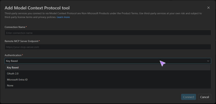 Screenshot showing the custom Foundry MCP connection's authentication choices: Key Based, OAuth 2.0, Microsoft Entra ID, and None.