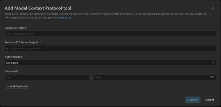 Screenshot showing the MCP connection dialog with empty connection name, remote endpoint, authentication, and credential fields.