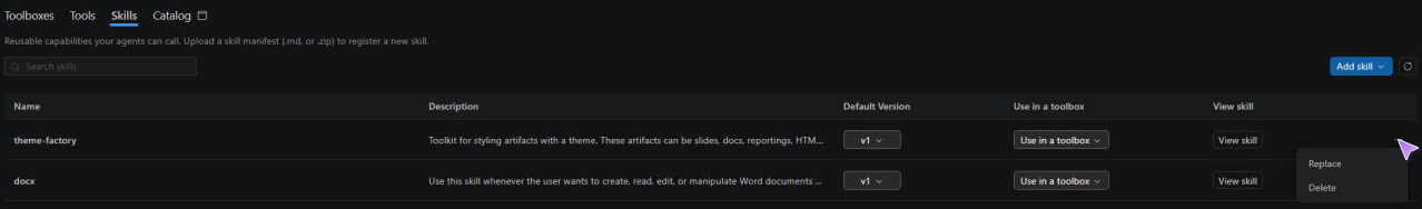 Screenshot showing sample Skills rows with Default Version, Use in a toolbox, View skill, and the open Replace and Delete menu.
