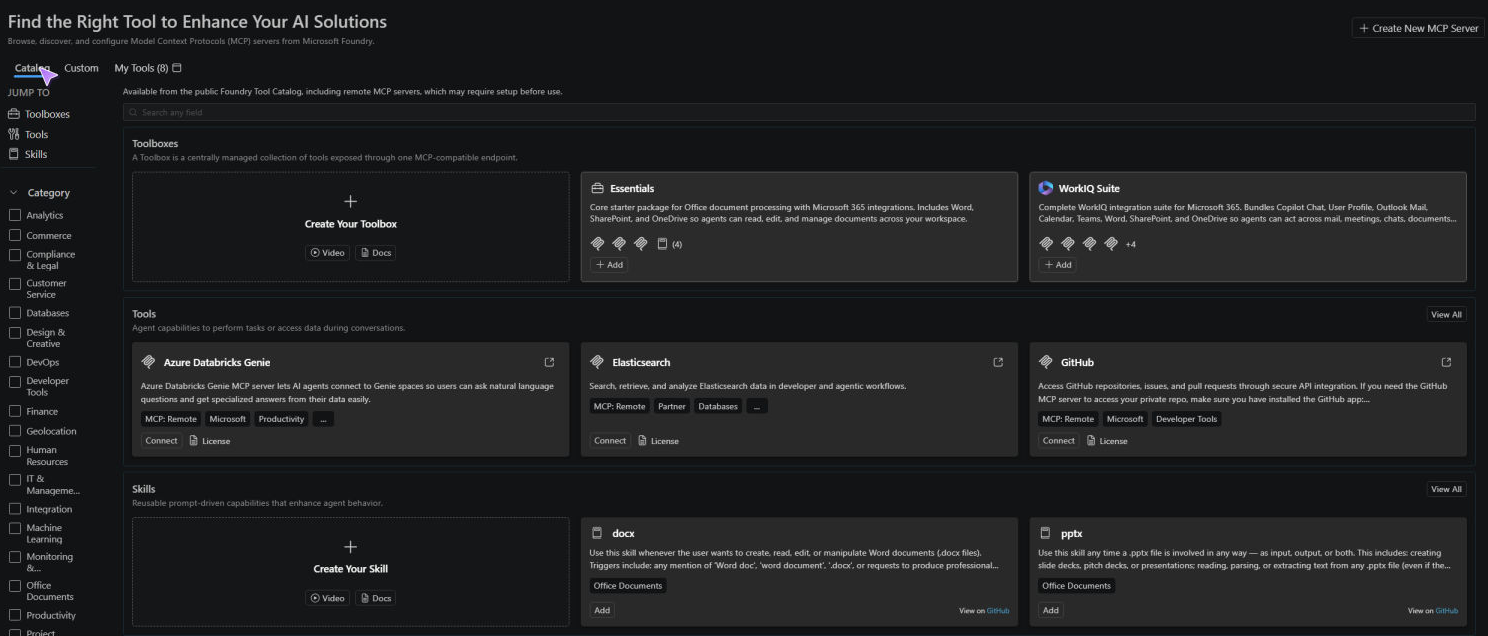 Screenshot showing Tool Catalog with Catalog and Custom tabs, My Tools, Toolbox templates, tools, and skills.