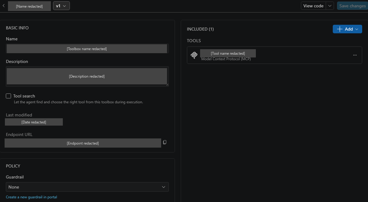 Screenshot showing an existing Toolbox with Included, Tool search, Guardrail, and version controls, with private resource details redacted.