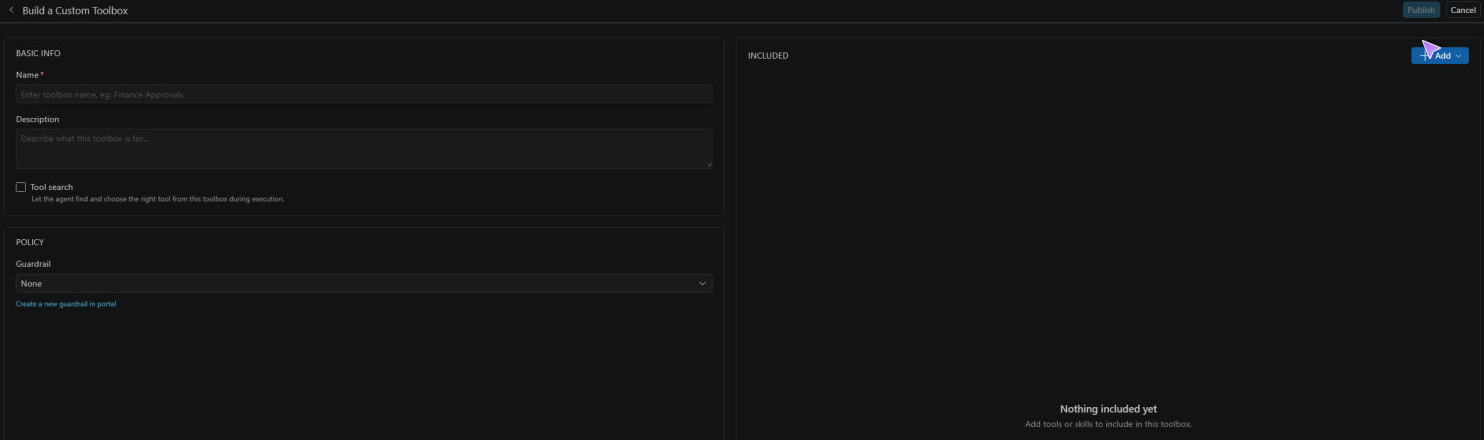 Screenshot showing the Toolbox editor with name and description fields, Tool search, Guardrail, Included, and Publish controls.