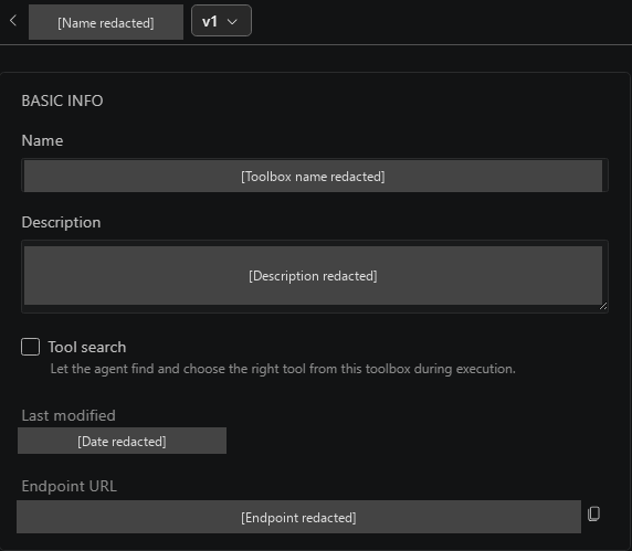 Screenshot showing a Toolbox's selected version and Endpoint URL copy control, with its name, description, date, and endpoint redacted.
