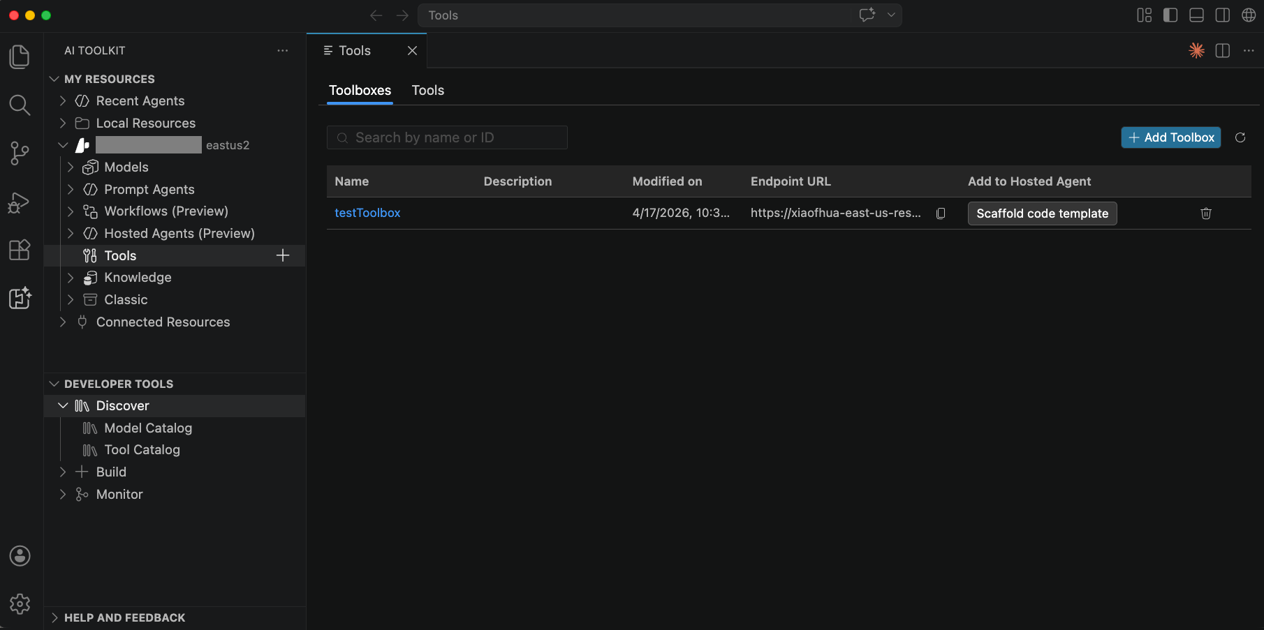 Screenshot showing the Toolboxes tab in Foundry Toolkit with a toolbox entry, endpoint URL, and Scaffold code template action.