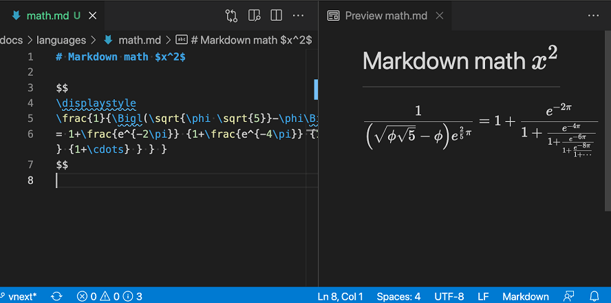 Markdown Preview rendering of math formulas with KaTeX