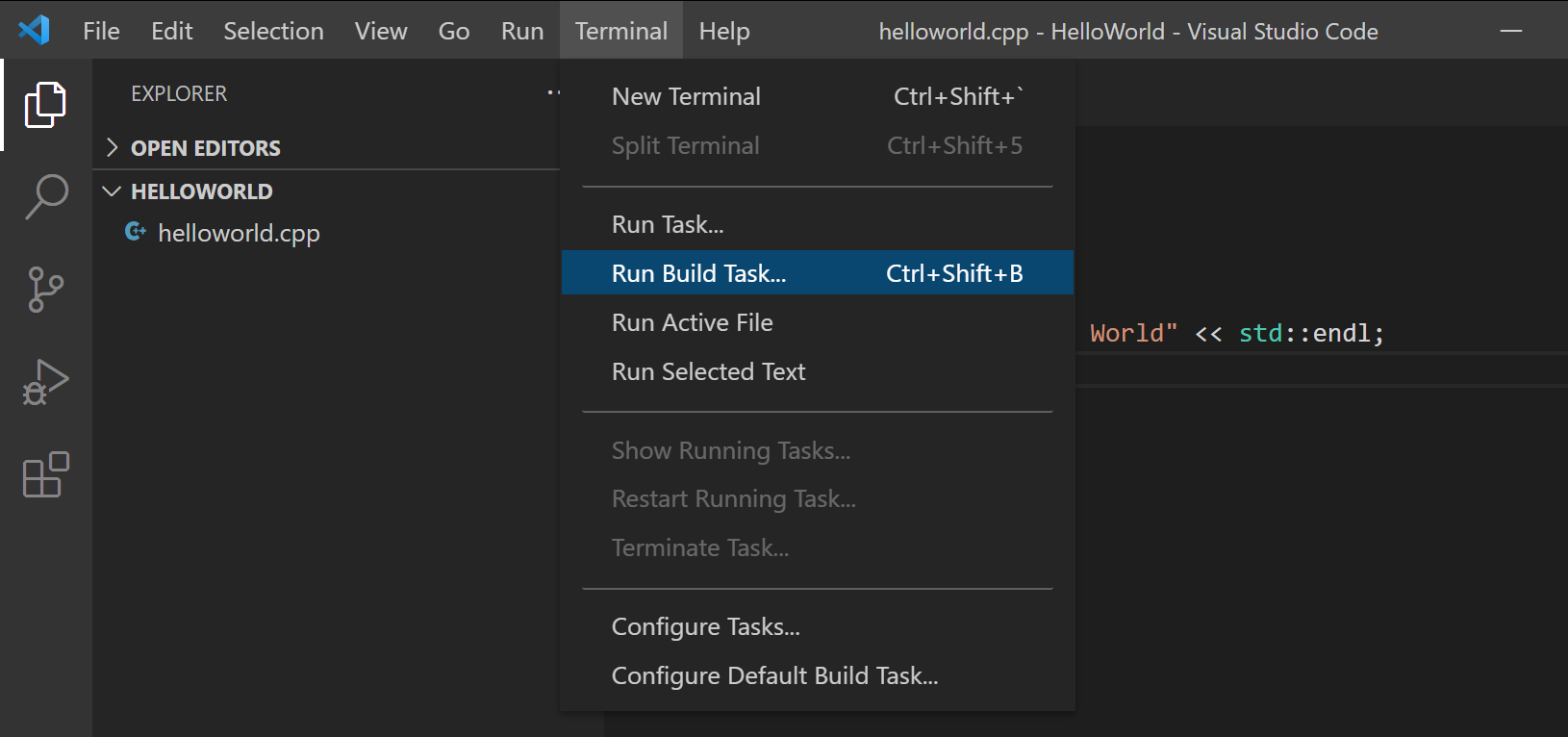 Run Build Task menu option